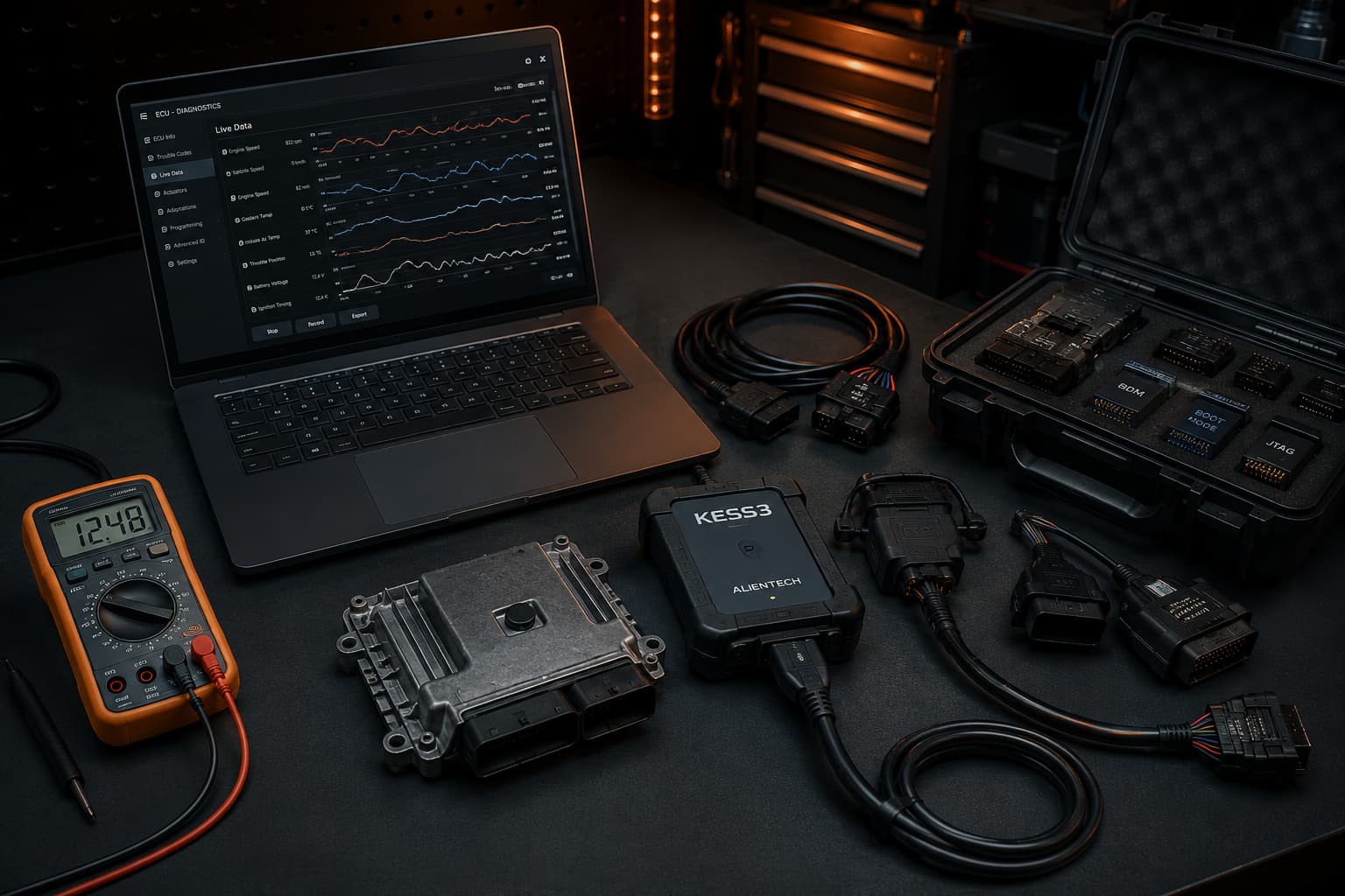 Sprzęt diagnostyczny — laptop z oprogramowaniem do mapowania ECU Laptop diagnostyczny z oprogramowaniem ECU — mobilny serwis remappingu w Poznaniu